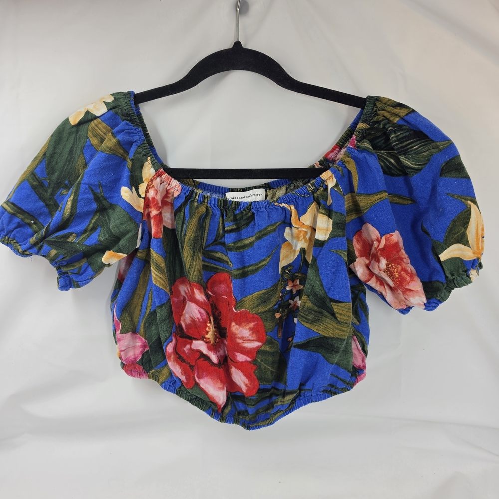 Cupcakes and Cashmere Linen Off Shoulder Floral Puff Sleeve Crop Top